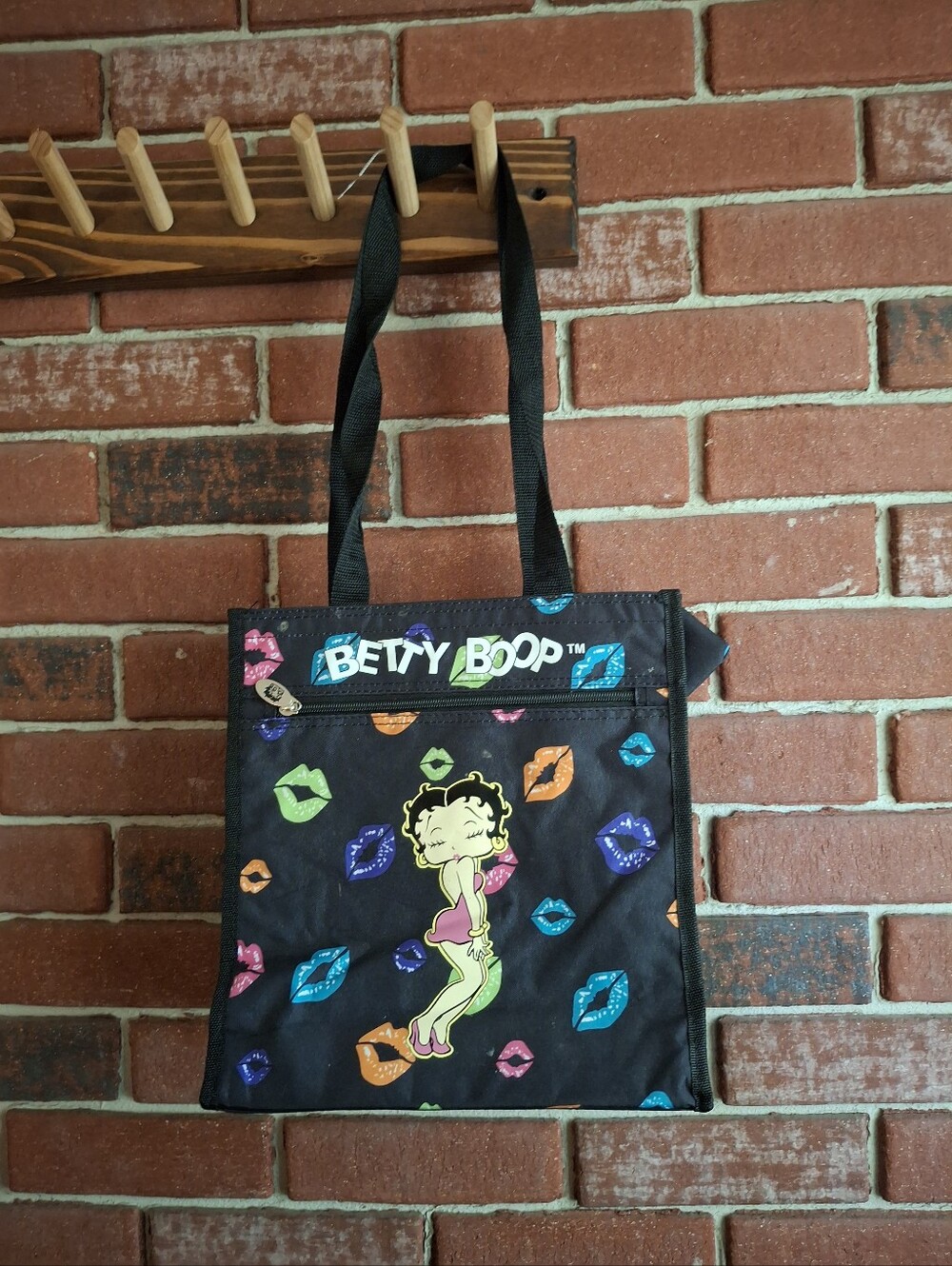 Betty Boop Black Tote with Neon Lips and Character Graphic